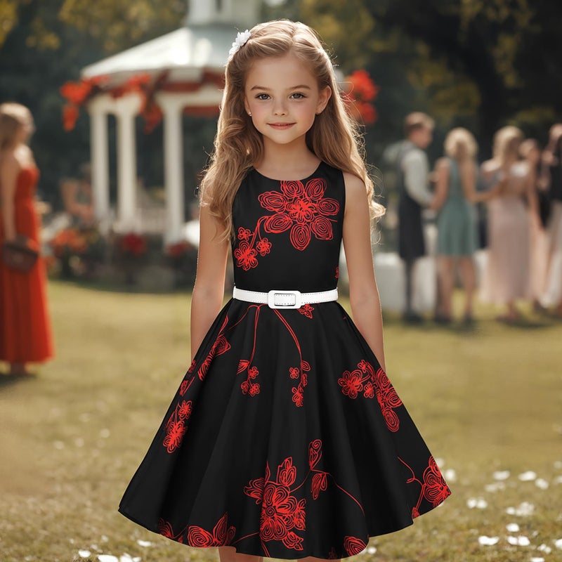 HB HBB MAGIC Girls Vintage Dress 50s Retro Twirling Special Occasion Dresses Size 6-14 Sleeveless Kids Dress Black Red - Image 5